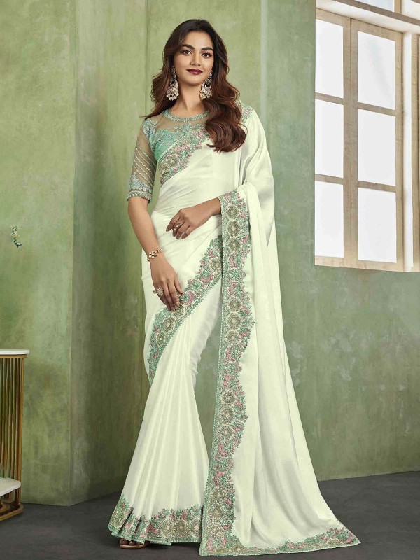 Off White Satin Silk Saree